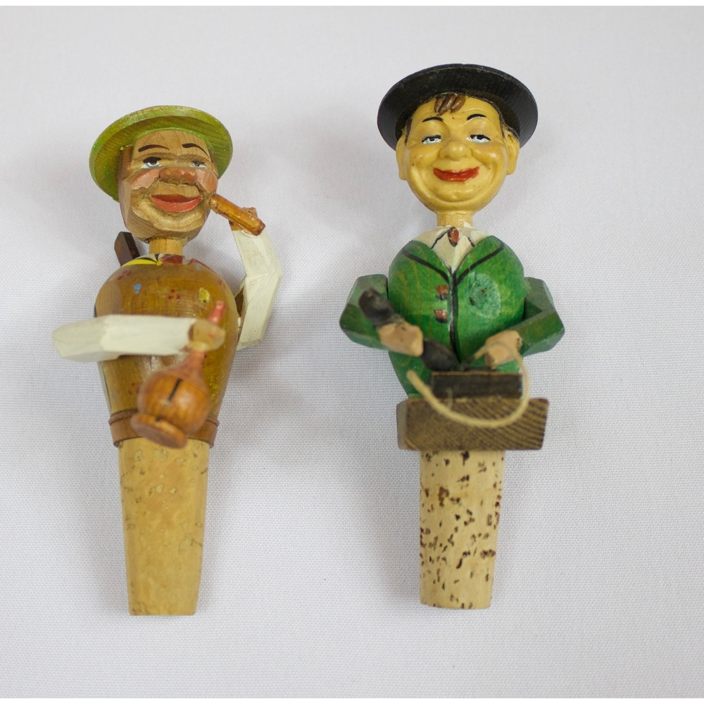 Vintage Anri? German Mechanical Wooden Carved Wine Cork Bottle Stoppers Set of 2